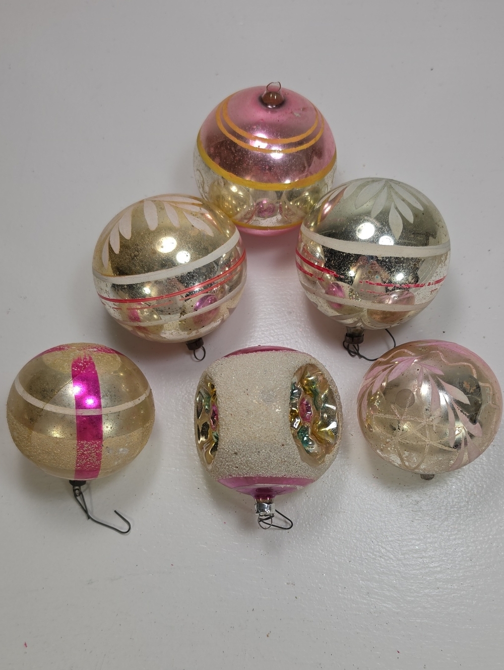 Vintage Pink and Gold Glass Holiday Ornament Lot Christmas Retro